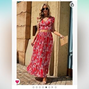 Boho 2 piece skirt set, red floral